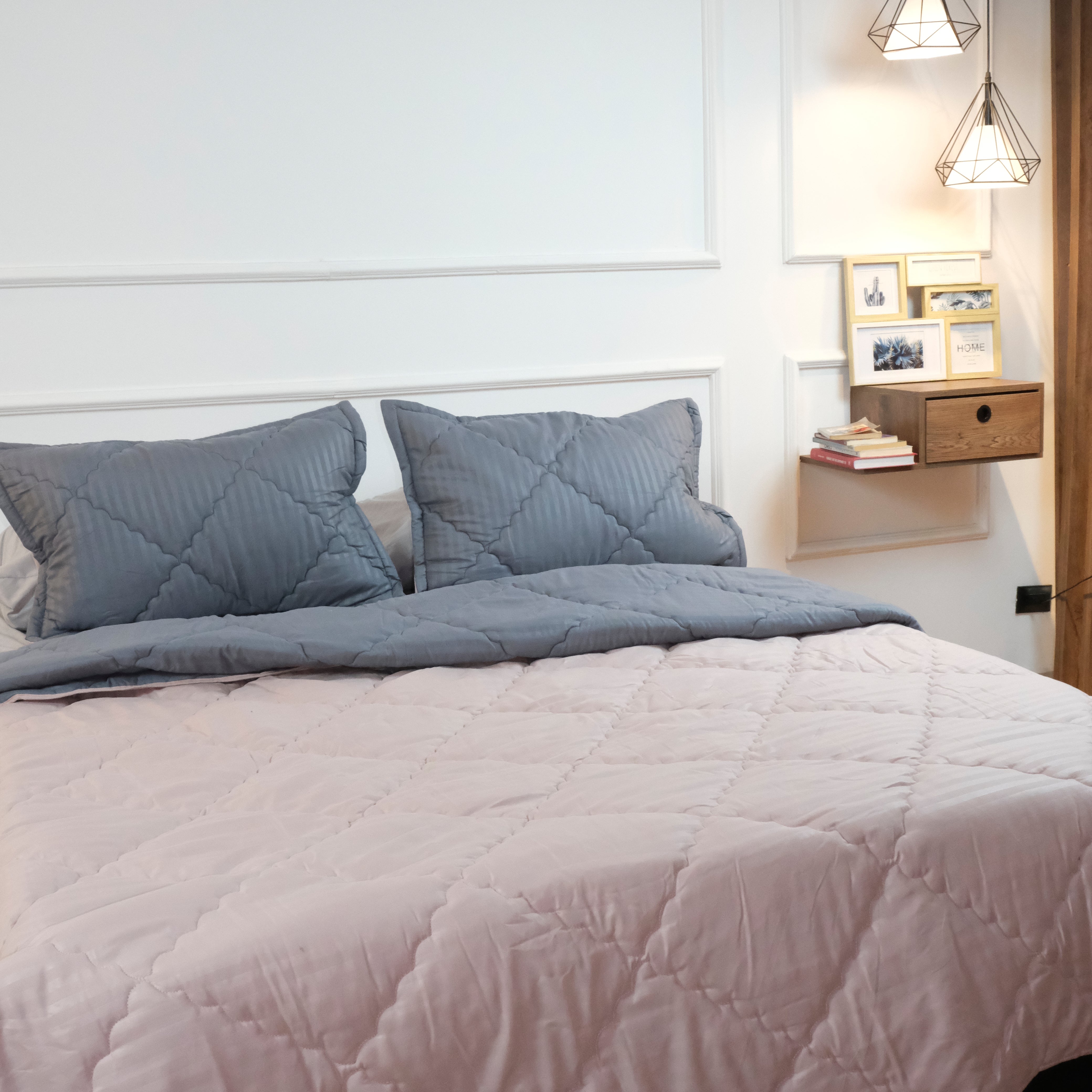 Plumón Doble Faz Gris Y Rosa Funda Acolchada Lala Home