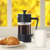 Cafetera francesa negra de 350 ml con recipiente de vidrio, asa y sistema de émbolo