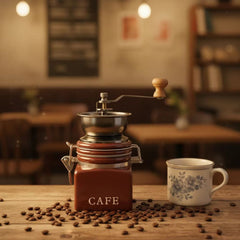 Molino de café manual con base de cerámica marrón y manivela superior