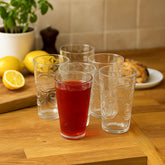 Set de 6 vasos de vidrio transparente 360 ml diseño diamante con flor