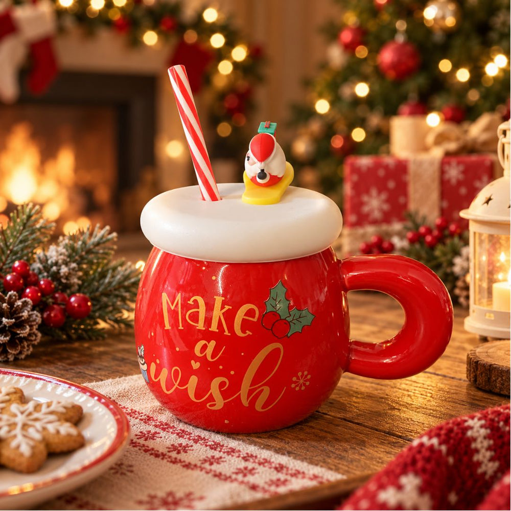 Pocillo navideño de 500 ml con tapa blanca de silicona, disponible en rojo con Papá Noel y verde con árbol de Navidad