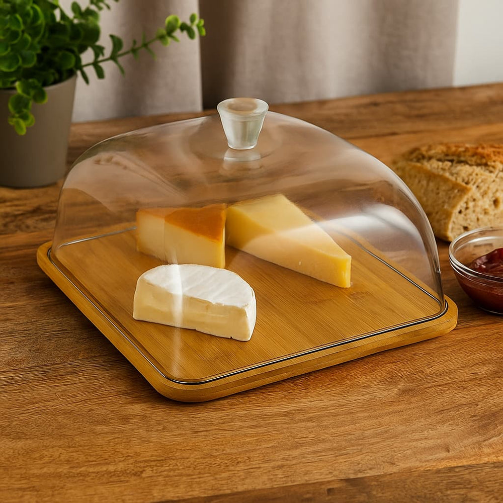 Tapa tortera cuadrada de acrílico con base de bambú natural, 30 cm de lado.