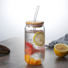 Mug de vidrio con tapa bambú y pitillo reutilizable frontral