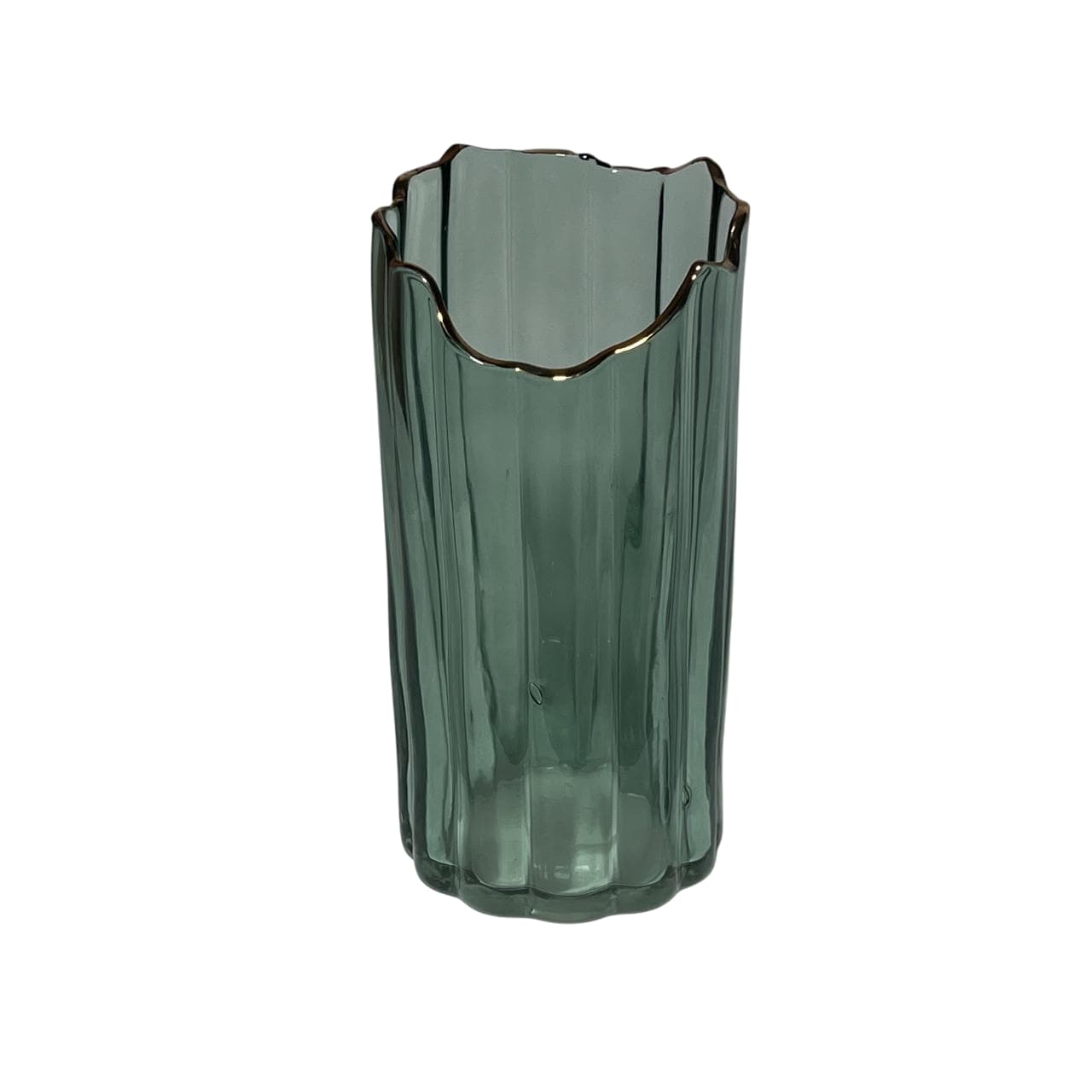 Florero De Cristal Con Líneas Verticales y Borde Dorado