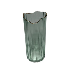 Florero De Cristal Con Líneas Verticales y Borde Dorado