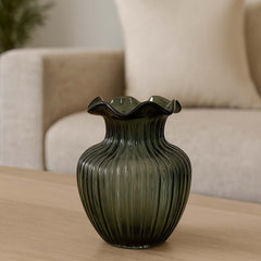 Florero Cristal Diseño Líneas Verticales Verde Oliva