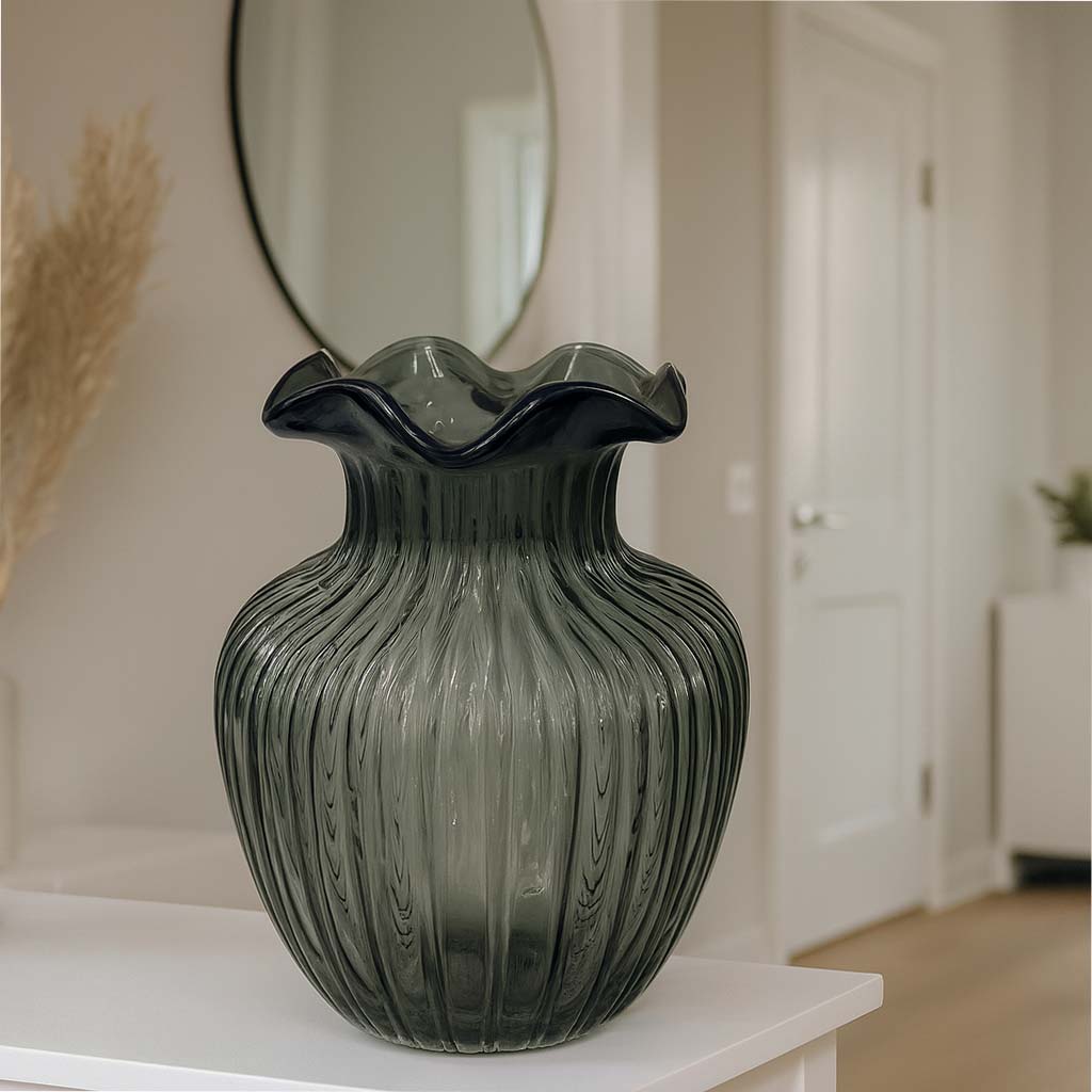 Florero Cristal Diseño Líneas Verticales Verde Oliva