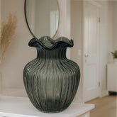 Florero Cristal Diseño Líneas Verticales Verde Oliva