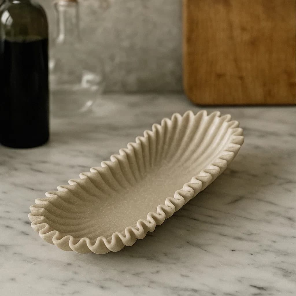 Bandeja Decorativa Ovalada Blanca Con Diseño Ondulado