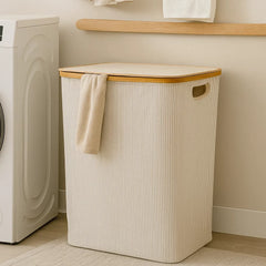 Cesta De Lavandería Grande Diseño Líneas Con Marco De Bambú