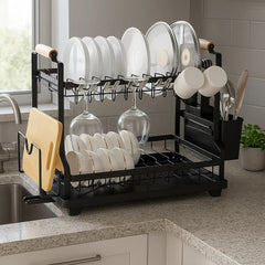 Escurridor De Loza Metálico De 2 Niveles Con Agarres En Madera