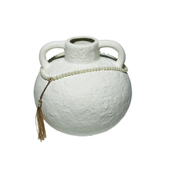 Florero De Cerámica Tipo Jarra Blanco Con Dos Asas y Detalle De Perlas