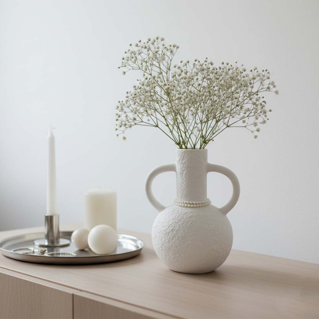 Florero De Cerámica Tipo Jarra Blanco Detalle De Perlas