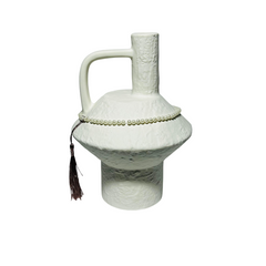 Florero Cerámica Tipo Hongo Blanco Con Perlas