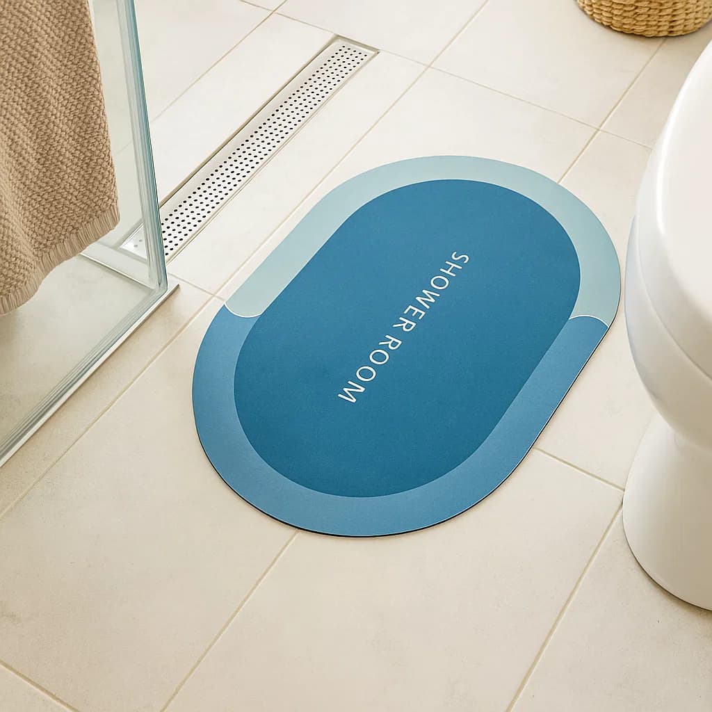 Tapete de baño ovalado azul 40×60 cm “SHOWER ROOM” vista frontal