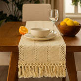 Camino De Mesa Tejido Abierto Con Flecos Diseño Artesanal Tonos Naturales