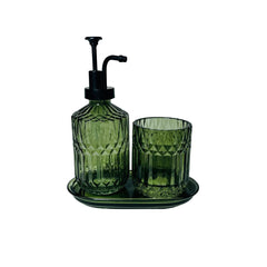 Dispensador y vaso de vidrio verde para baño