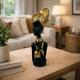 Figura decorativa busto mujer africana con turbante negro y dorado