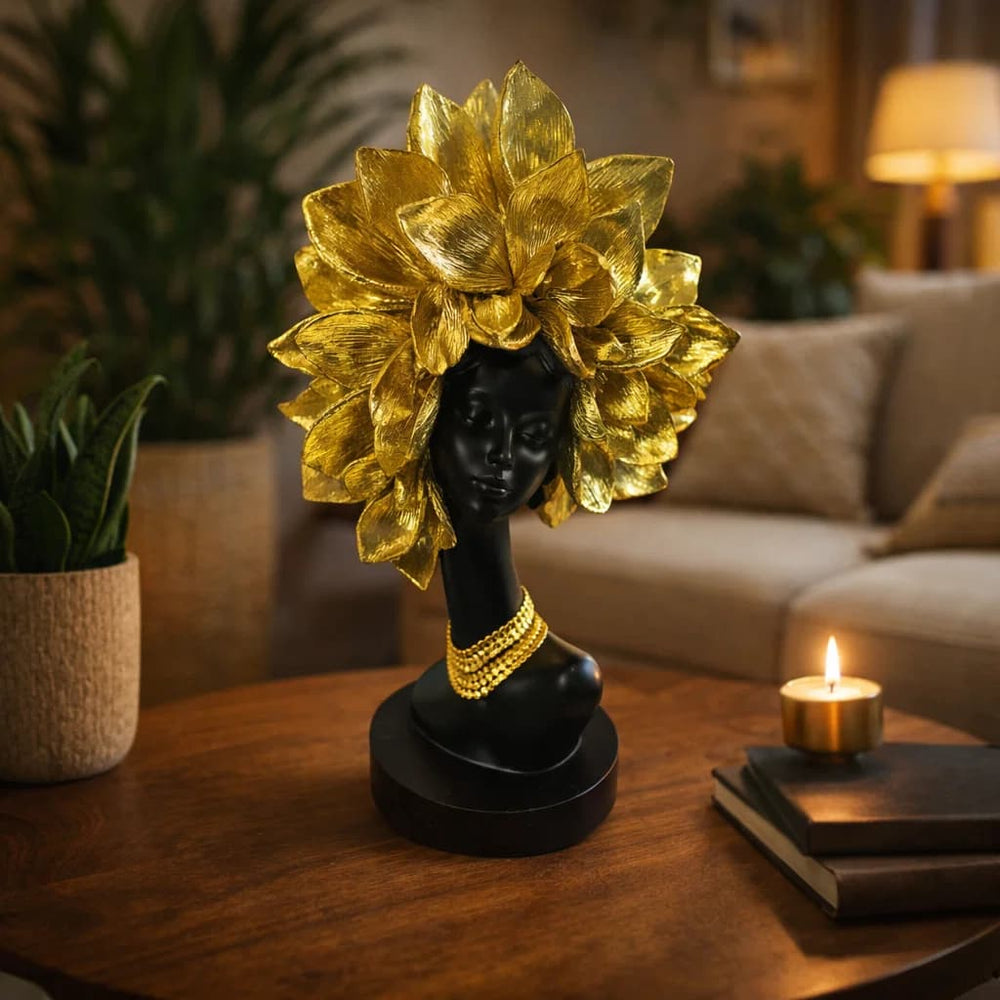 Figura decorativa mujer africana negra con cabello floral dorado