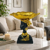 Figura decorativa mujer africana perfil derecho con bandeja tipo hoja dorada