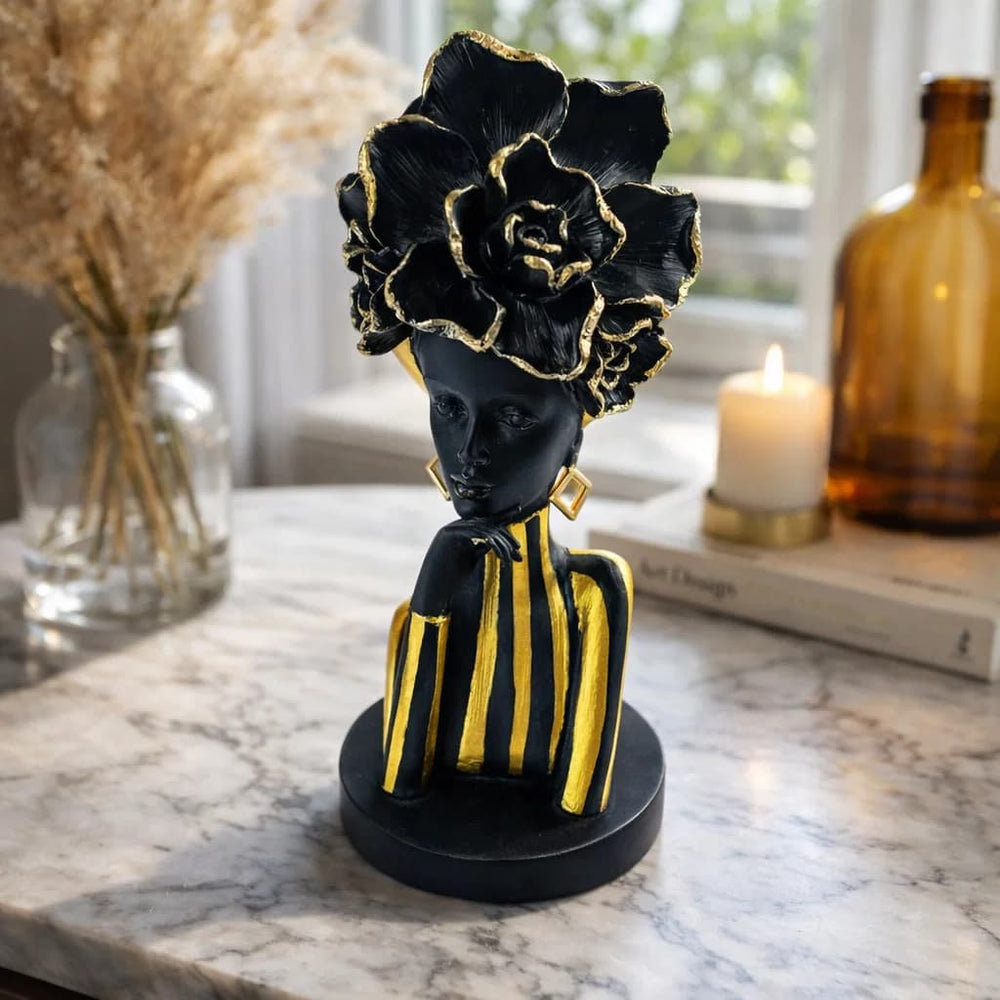 Figura decorativa mujer africana con cabello floral negro y dorado