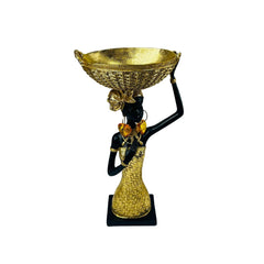 Figura decorativa mujer africana con cuenco dorado en la cabeza
