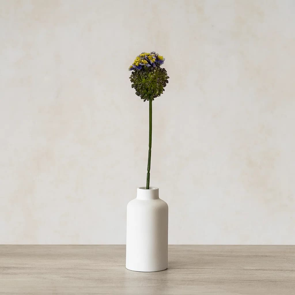 Flor artificial prímula 53 cm con cabeza redonda púrpura y amarilla