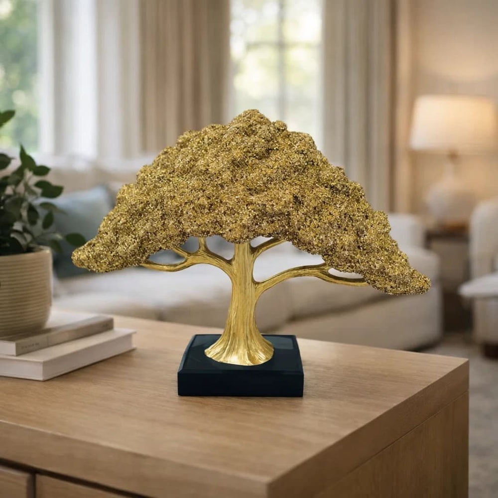 Escultura decorativa árbol de la vida dorado con base negra