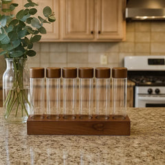 Set x6 Tubos Tipo Probeta Con Tapa De Bambú y Base De Madera