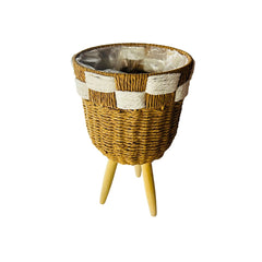 Matera Redonda Tejida Diseño Cuadros Bicolor Con Soporte En Madera