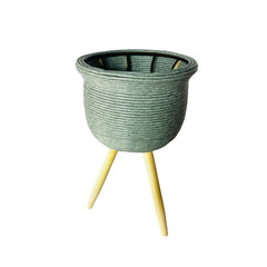 Matera Redonda Tejida Con Soporte En Madera Verde Menta