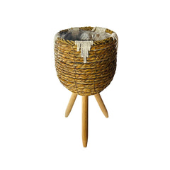 Matera Redonda Tejida Con Detalle Blanco y Soporte En Madera