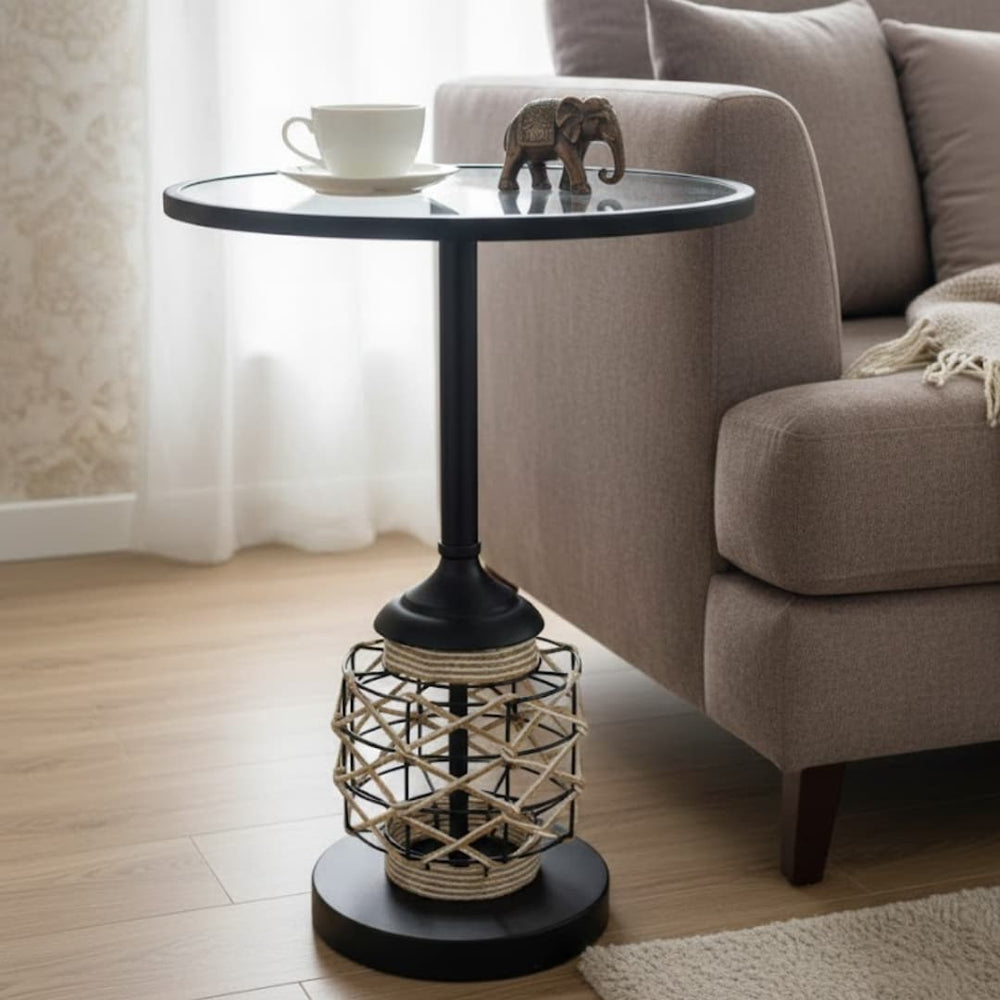 Mesa de centro redonda 35×50 cm con base metálica enredada y cubierta de vidrio