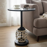 Mesa de centro redonda 35×50 cm con base metálica enredada y cubierta de vidrio