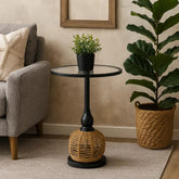 Mesa De Centro 35x50cm Con Detalle Cuerda Natural Metálica Negra