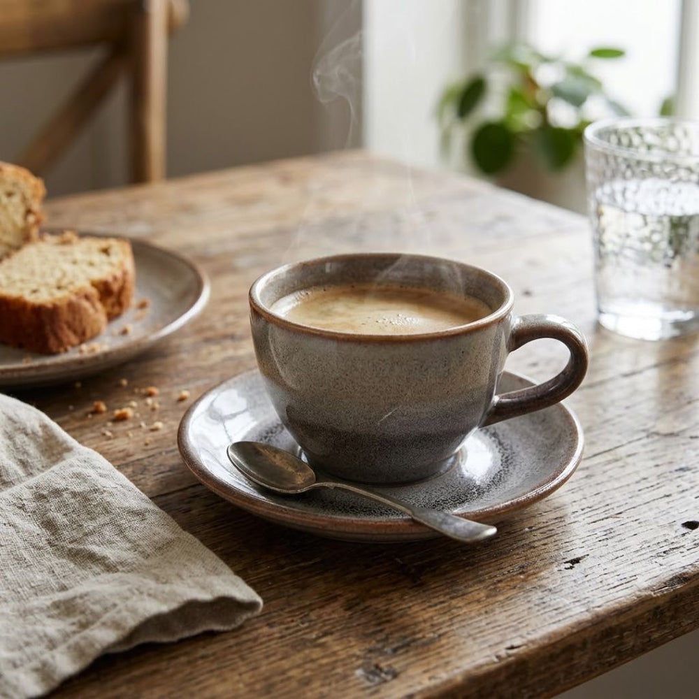 Set de plato con pocillo en porcelana 190 ml diseño grafito marrón