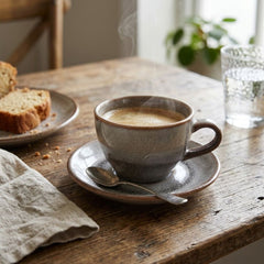 Set de plato con pocillo en porcelana 190 ml diseño grafito marrón