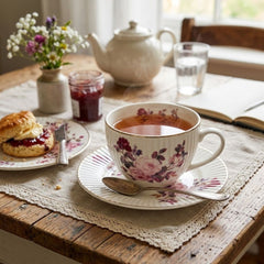Set de té de porcelana con pocillo y plato floral