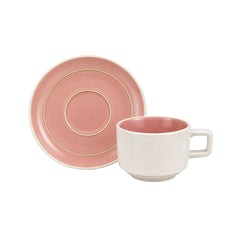Set de pocillos con plato blanco y rosa en porcelana