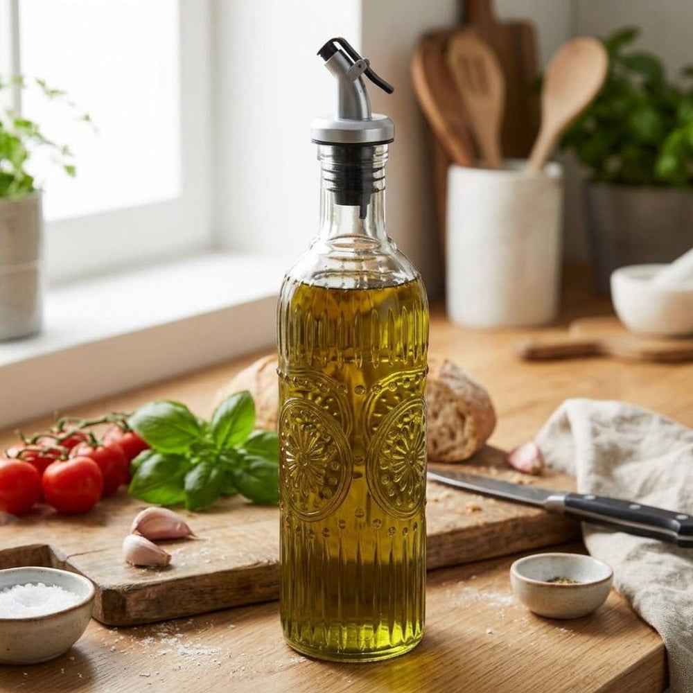 Aceitera de vidrio transparente 500 ml diseño mándala con vertedor
Slug: