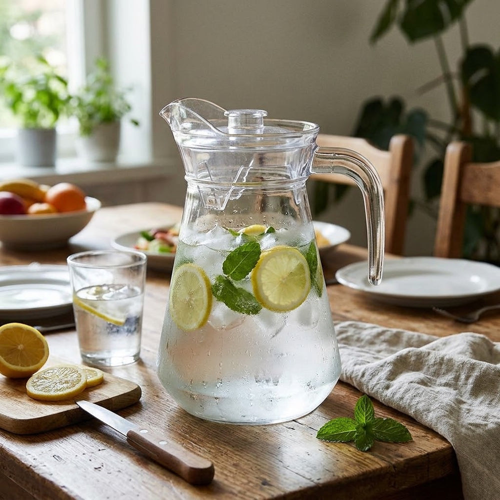 Jarra de vidrio transparente 1.3 L con tapa diseño liso