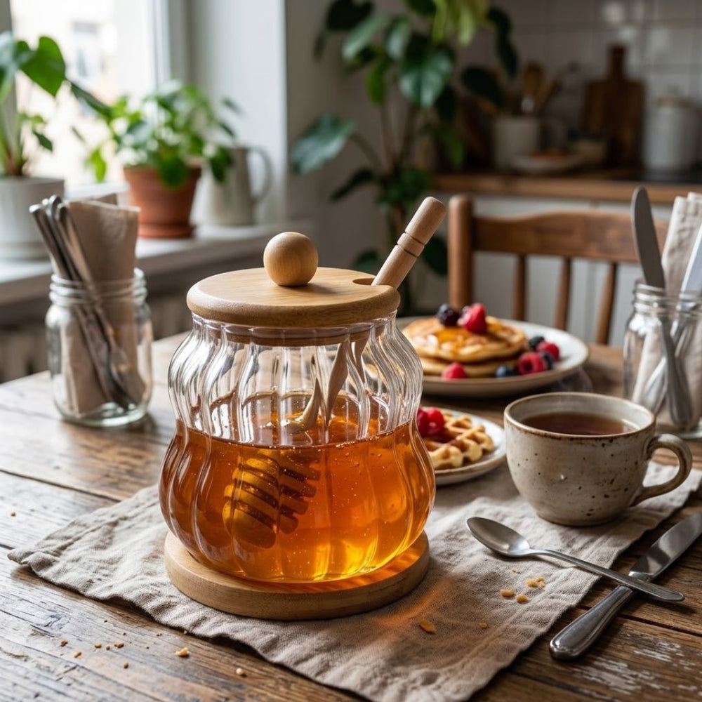 Recipiente para miel de vidrio 350 ml con tapa y mezclador de bambú