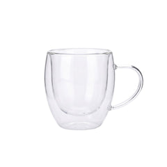 Vaso de vidrio doble pared transparente de 150 ml con asa lateral.