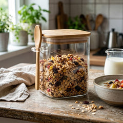 Recipiente de vidrio cuadrado 750 ml con tapa de bambú y cuchara de madera