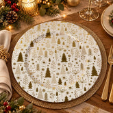 Plato base navideño redondo de melamina de 33 cm blanco con árboles de Navidad y detalles dorados