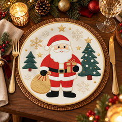 Plato base navideño de melamina de 33 cm con Papá Noel, árboles de Navidad y detalles dorados sobre fondo blanco