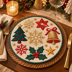 Plato base navideño de melamina de 33 cm con campana dorada, copos de nieve, árbol verde y detalles rojos