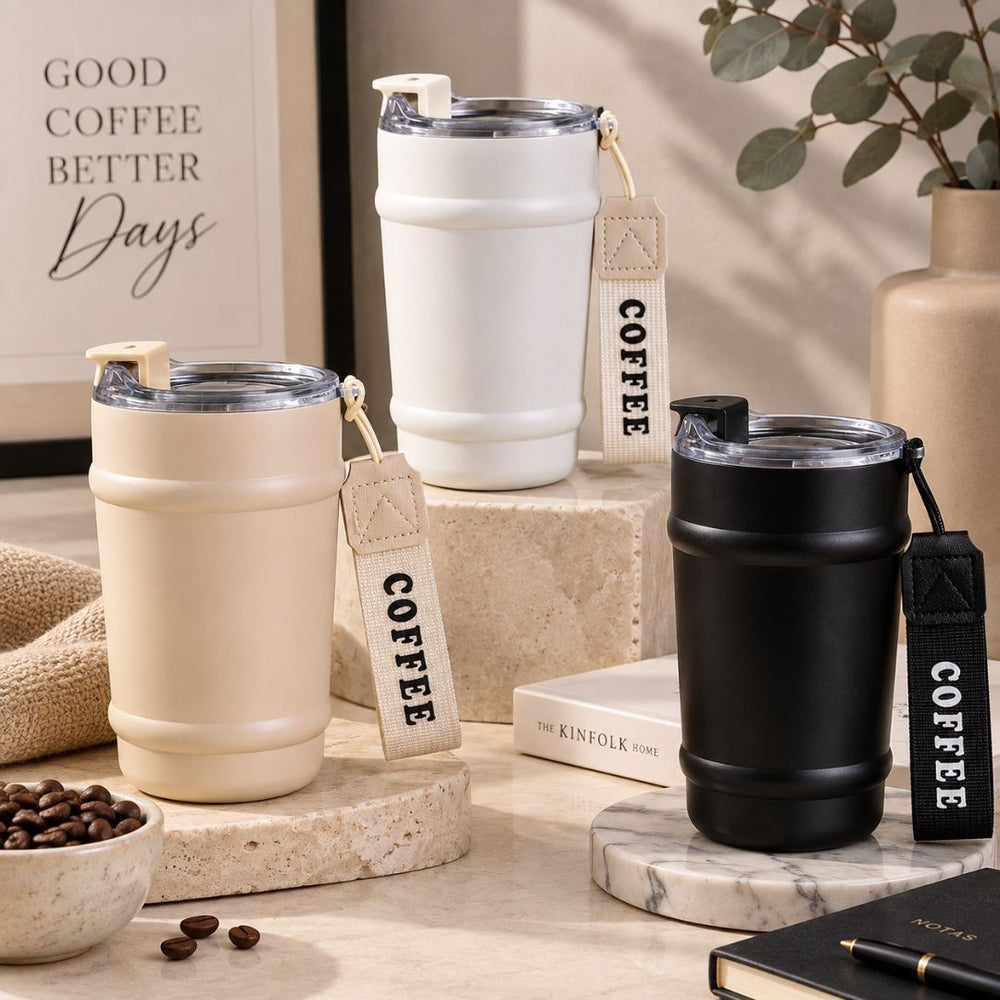 Termo 350 ml en acero inoxidable con tapa transparente disponible en blanco y negro