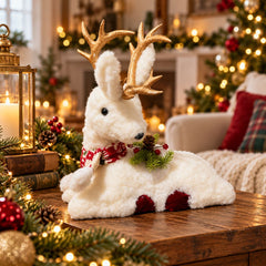 Figura decorativa de reno navideño blanco 39 × 30 cm con astas doradas y bufanda roja