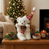 Figura decorativa de oso blanco de 32 cm con bufanda tejida y gorro navideño rojo y blanco